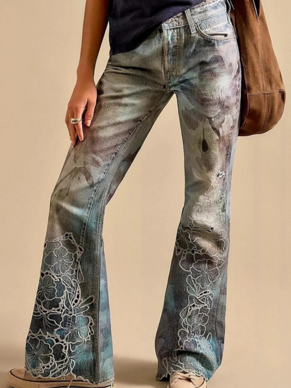 NWT Free People We The Free West Coast Illusions Cutwork Flare Jeans Watercolor